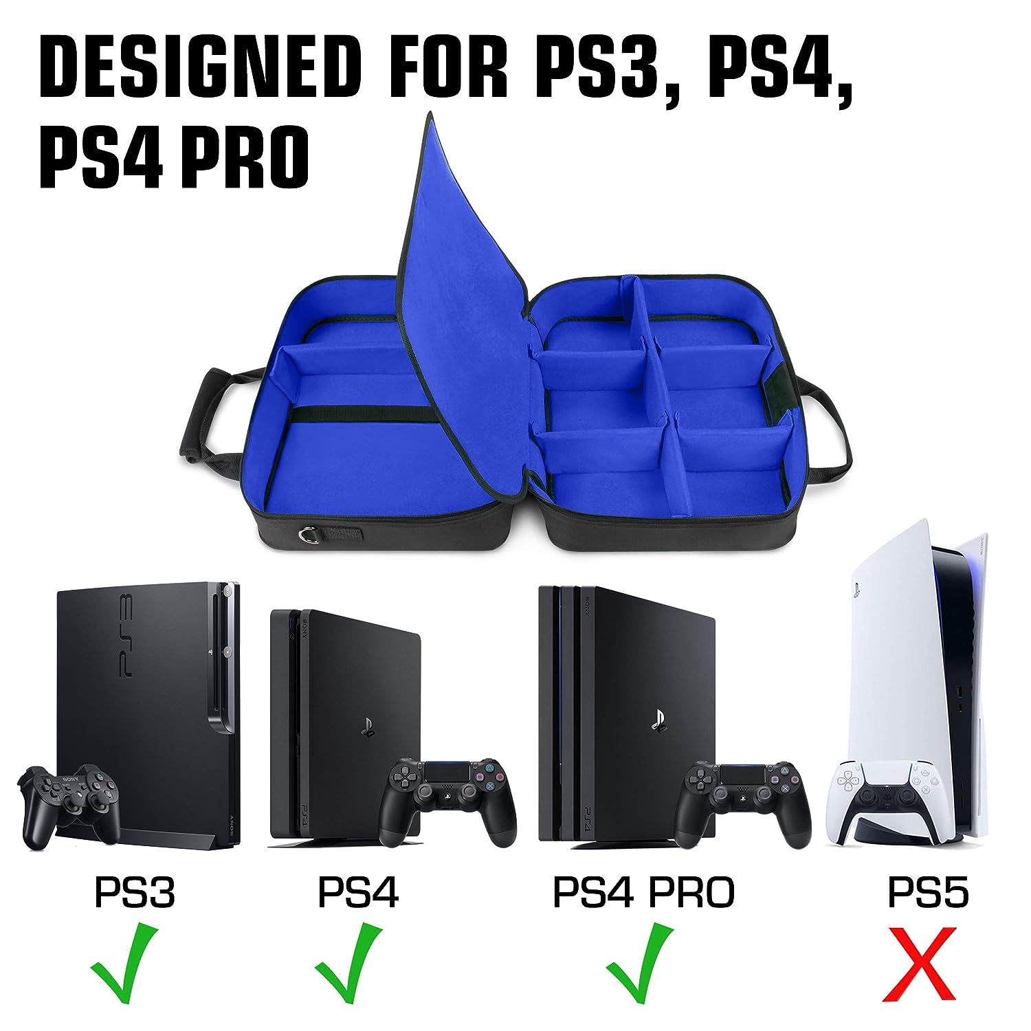 USA GEAR Console Carrying Case - PS4 Case Compatible with Playstation 4 Slim, PS4 Pro, and PS3 - Customizable Interior Store PS4 Games, PS4 Controller, PS4 Headset, and More Gaming Accessories (Black) - Image 2